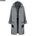Women Gray Star And Letter Pattern Knitted Split Side Cardigan Long Sleeve Hooded Long 2016 Autumn