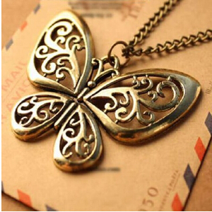 2015 New Vintage Jewelry Retro Hollow Butterfly Korean Long Paragraph Sweater Chain Pendant Necklace For Women