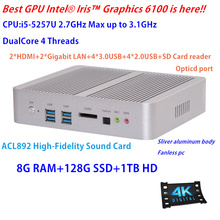 Top GPU Iris HD 6100 Broadwell Intel Core i5-5257u Fanless Gaming Mini PC with 8GB RAM+128GB SSD+1TB HDD HTPC Hi-Fi Sound Card