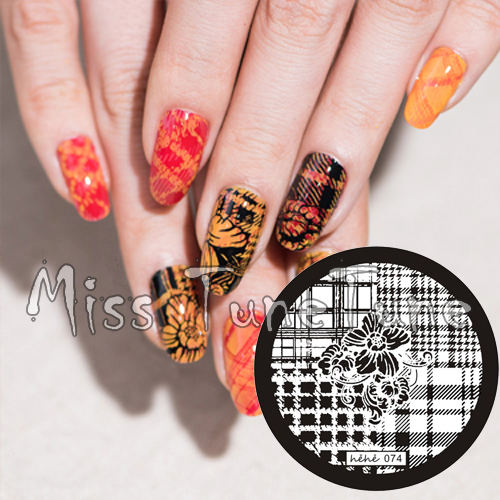 New Stamping Plate hehe74 Nail Art Four Quater Template Dahlia Flower Fashion font b Plaid b