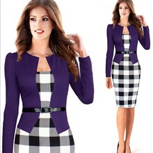 2016 Women Spring Elegant Belted Tartan Patchwork Tunic Wear to Work Business Casual plaid Pencil Wiggle Sheath Dress