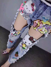2016 new fashion street wear Kitty Hole sequins ripped jeans women denim cross pants boyfriend jeans