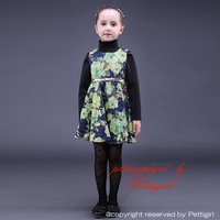 Hot Sale Girls Yellow Rose Flower Print Princess Dress Include Sash Baby Girl Casual Dresses Retail Kdis Clohtes GD80928-7