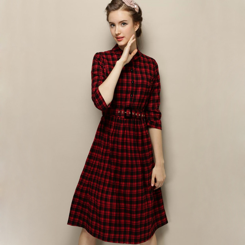 2015 Autumn Fashion woman clothes red font b tartan b font plaid dress Elegant Slim Mid