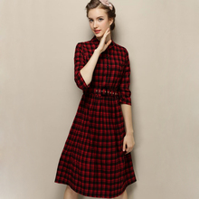 2015 Autumn Fashion woman clothes red tartan plaid dress Elegant Slim Mid-length office work dress Plus S-XL with Sashes OM116