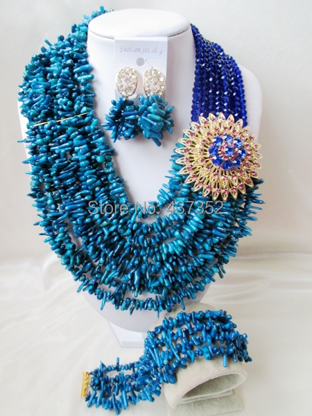 Amazing! Costume Royal Blue Crystal and Blue Coral Beads Necklaces Nigerian Wedding African Beads Jewelry Set TC191