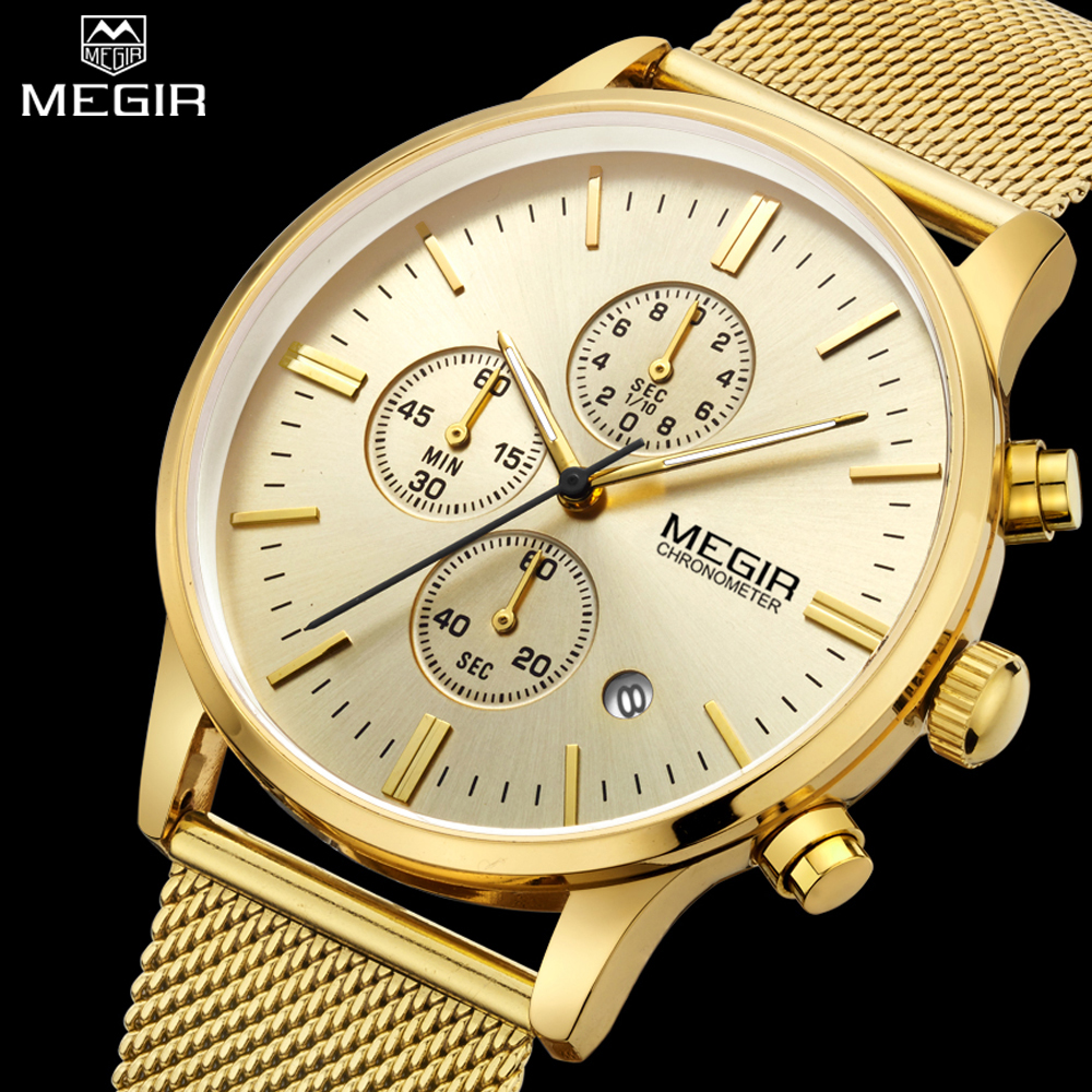 MEGIR Chronograph men's quartz watch stainless steel mesh band gold