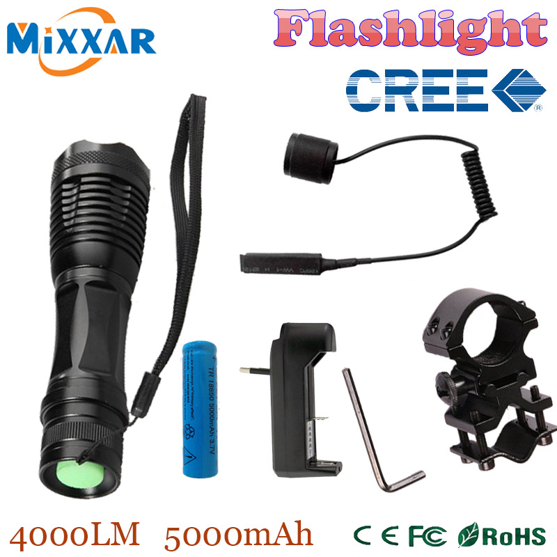 zk50 CREE XM-L T6 led tactical flashlight 4000Lm zoomable torch for Hunting + 1*18650 battery + Remote Switch+Charger+Gun Mount
