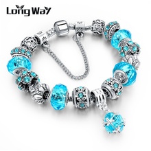 LongWay European Vogue Real Tibetan Silver Blue Crystal Attraction Bracelets for Girls Genuine DIY Beads Jewelry Current SBR150292