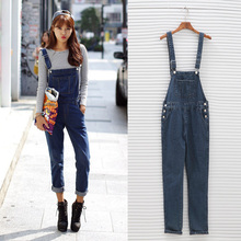 2014 Limited Rushed Modal Button Plaid Capris Dark Drawstring High Overalls Female Loose Denim Jeans Bib Pants Jumpsuit Trousers