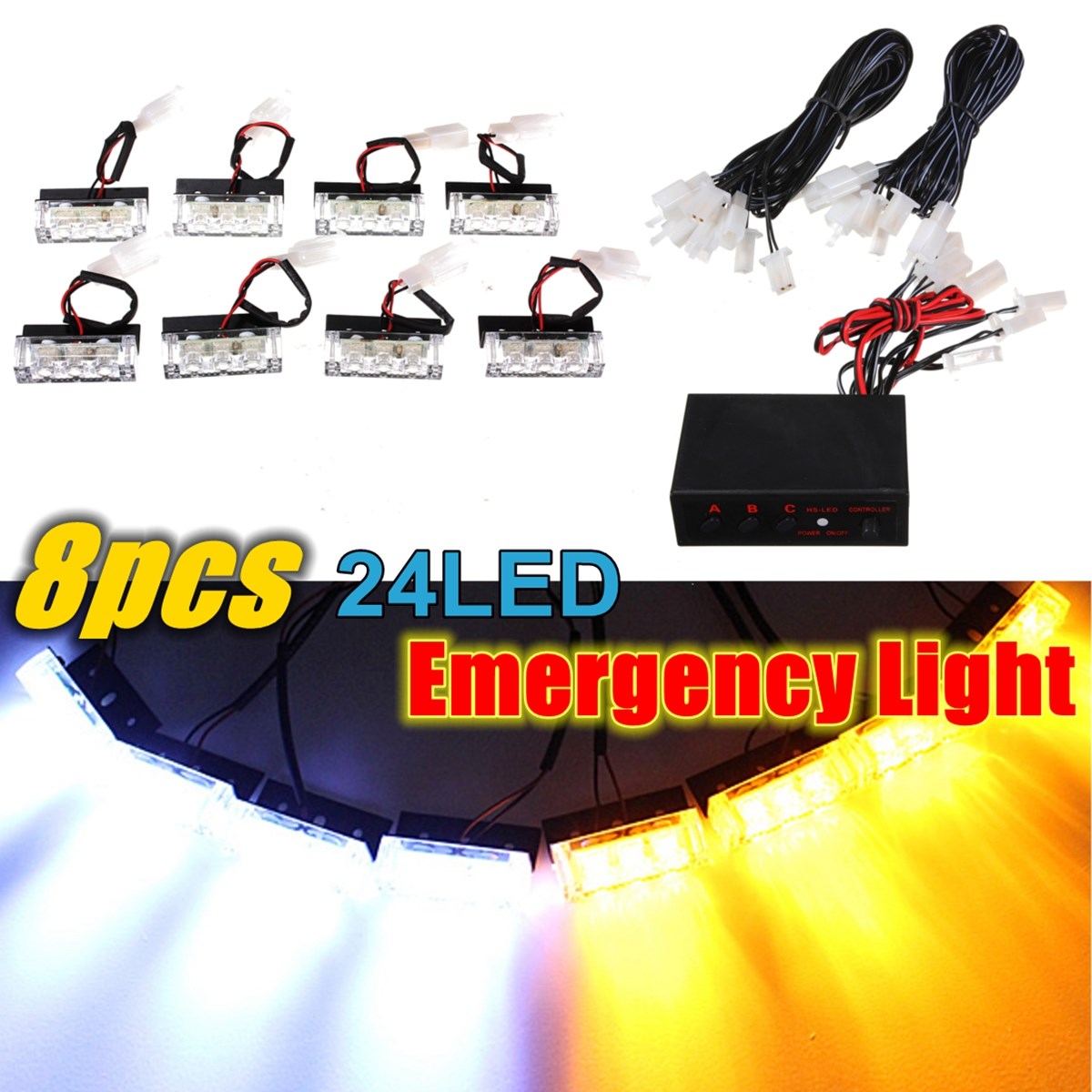 New 12V 8 x 3 LED Flash Amber White Car Emergency Light 8 Bars Warning Strobe Lamp