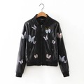2016 New Fashion Women Black Butterfly Embroidery Faux Leather Bomber Jacket Zipper Vintage Long Sleeve Casual
