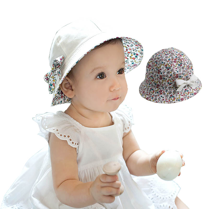 Flower Print Cotton Baby Summer Hat with Bow White Pink Kids Girl Summer Cap Double Sides