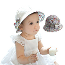 Flower Print Cotton Baby Summer Hat with Bow White/Pink Kids Girl Summer Cap Double Sides can Wear for 1-3 Years 1 Piece