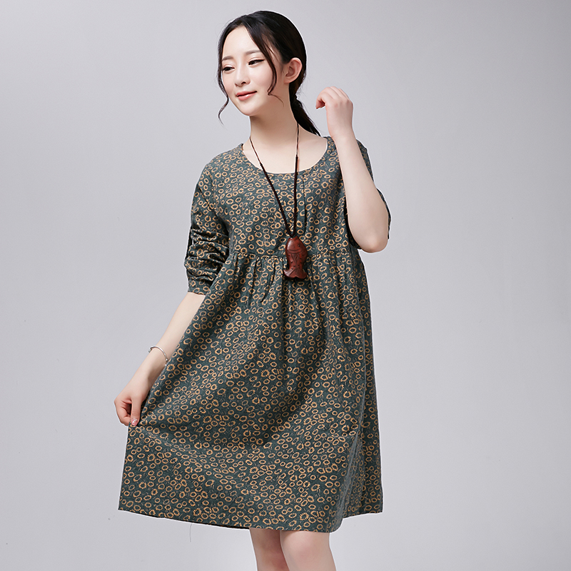 Maternity clothing spring maternity dress long-sleeve printing cotton&linen plus size loose fluid full dress for pregnant women