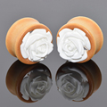 1 Pair Wooden Flesh Tunnels Plugs White Rose Flower Gauges Ear Stretcher Expander Earrings Ear Piercing