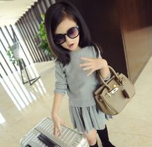 wholesale(5pcs/lot)- 2016 autumn winter new high-end large pure virgin knitting sweater and pleated skirts set for child girl