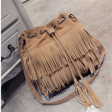 2016 Women’s bucket bag tassel soft PU leather lady bags blue/coffee/beige solid color for retails and Wholesales