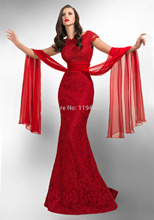 Hot Sexy Lady Beautiful Cap Sleeves Red Detachable Train Tight Floor Length Long Lace Fashion Elegant Prom Dresses Vestido Longo