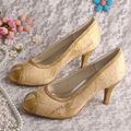 Wedopus Embroidery Lace Fabric Gold Shoes Party Mid Heels Open Toe Dropshipping
