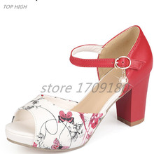 2016 Elegant Women Sandals Shoes High Heels Printing Leather Open Toe Fashion Female Summer Shoes Big Size Women Shoes