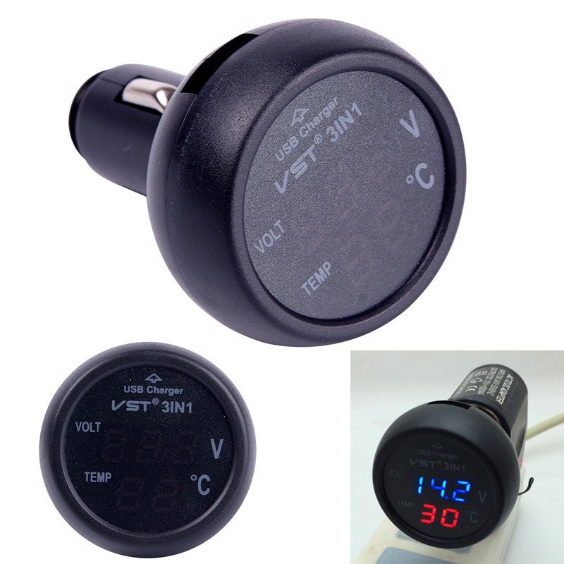 New-Digital-Voltmeter-Thermometer-12V-24V-Cigarette-Lighter-USB-Car-Charger-3-in1-68049-