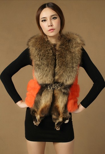 2013 Women's Genuine Rabbit Fur Vest with Raccoon Fur Collar Female Winter Warm Waistcoat Free Shipping VK1195