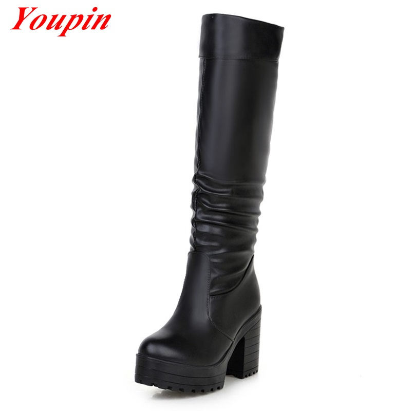 Thick with long boots 2015 latest Slip-On High Boots Winter Short plush High-heeled Woman Black White Thick with long boots