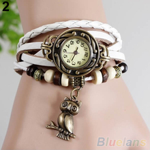 Women Girls Retro Braided Leather Bracelet Owl Decoration Quartz Wrist Watch 2947