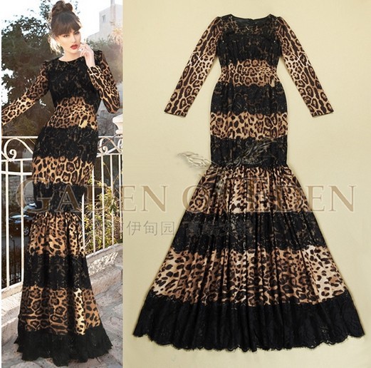 2015 European Fashion High Quality Brand Leopard Print Ankle-Length Blue/Black Patchwork Lace Long Dresses