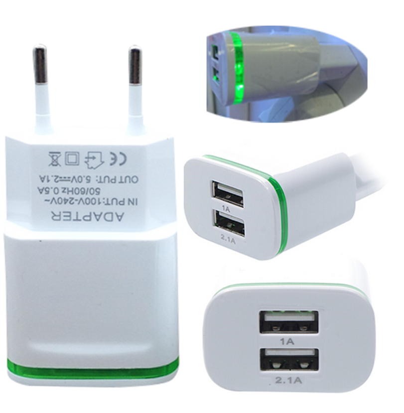 Горячие продажи Зеленый Высокое Качество ЕС Plug 2.0A/1.0A Зарядное Устройство Мини Двумя Портами USB LED Свет Быстро зарядка Адаптер Питания