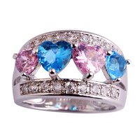 New Love Style Pretty Women Rings Heart Cut Pink & Blue Topaz 925 Silver Ring Size 6 7 8 9 10 11 12 Free Shipping Wholesale