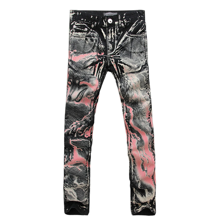 Cool Pattern Jeans | men s print jeans red wolf pattern cool denim pants Cool Pattern Jeans | men s print jeans red wolf pattern cool denim pants