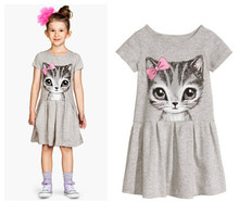 summer girl dress cat print grey pink baby girl dress children clothing children dress 3-10years New Arrival