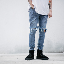 high quality fashion high street mens destroyed jeans hole casual pants fitness slim jogger damage rock star zipper ripped jeans