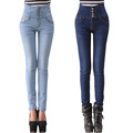 Fashion single breasted fly opening woman high waist denim pencil pants sexy butt lifted waisted jeans