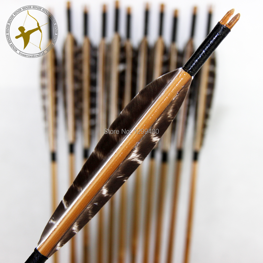 Hot Sale 12 Pcs 85cm arrows Archery Bullet Point Real Turkey Feather Bamboo Arrows For Bow