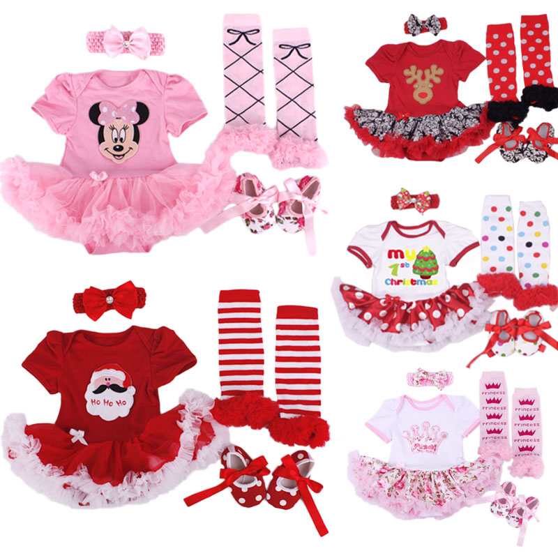 4pcs/Lot Xmas Gifts Baby Girl Infant Clothing Sets Santa Claus Tutu Romper Dress First Christmas Bebe Birthday Costumes Vestidos