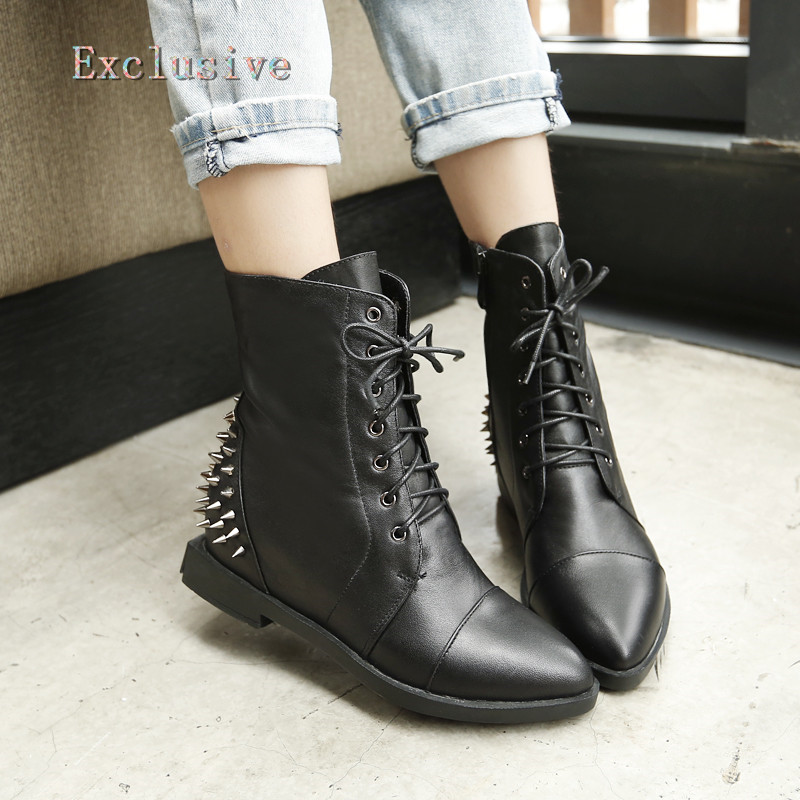 Woman Thick With Ankle Boots Winter Short Plush Full Grain Leather Rivets Toe Shoe Fashion Rivets Lace-Up Thick with Ankle Boots