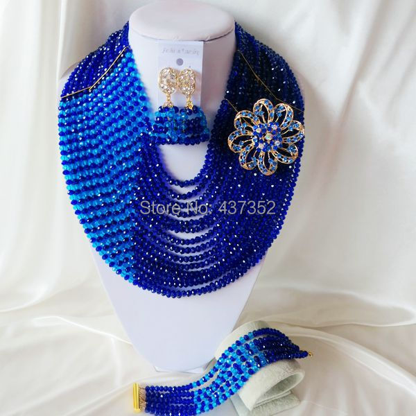 15 layers Royal blue and Turquoise blue Crystal Necklaces Bracelet Earrings Nigerian African Wedding Beads Jewelry Set  CPS-2327