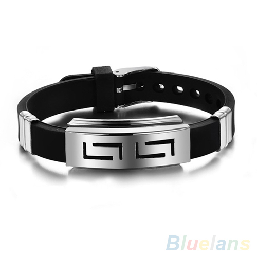 Men s Black Punk Rubber Stainless Steel Wristband Clasp Cuff Bangle Bracelet 2K7N