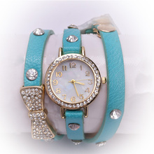 Mujeres libres del envío Crystal Bow correa de cuero pulsera de cadena de pulsera de cuarzo de moda