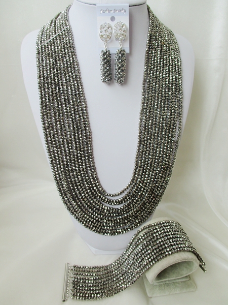 Amazing 26'' Long 12layers Silver Plated Crystal Nigerian African Wedding Beads Jewelry Set CPS5239