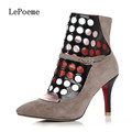 LOVEXSS Woman Red Bottom Shoes Autumn Winter High Pointed Toe Cow Ankle Boot Blue Gray Buckle