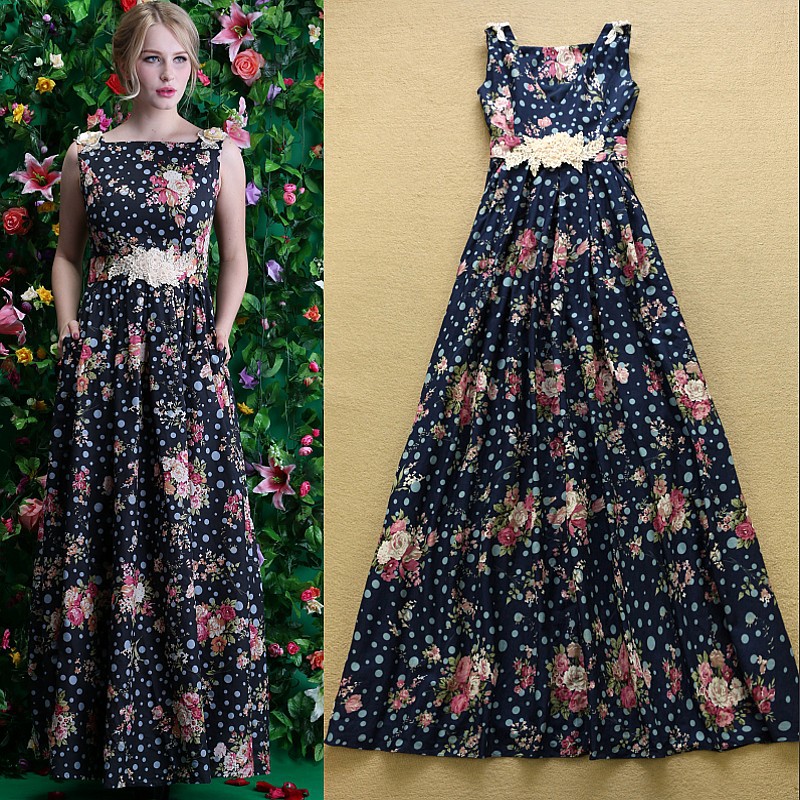 HIGH QUALITY 2015 Russian Fashion Runway Maxi Dress Women's Sexy V-Neck Appliques Beading Floral Print Cotton Party Long Dress