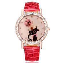 Watches ladies rose gold leather strap crystal rhinestones cute cat fashion casual designer purple women clock