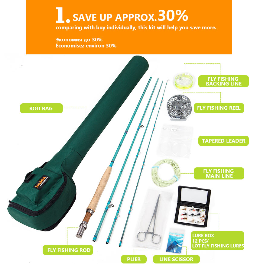 Fly Fishing Set 015c 3/4 Starter Kit 2.7m Carbon Rod 80mm Aluminum