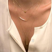 Hot Fashion Gold Plated Hand 3 Layer Pearl Stick Chain Bar Necklace Beads and Long Strip Pendant Necklaces Jewelry