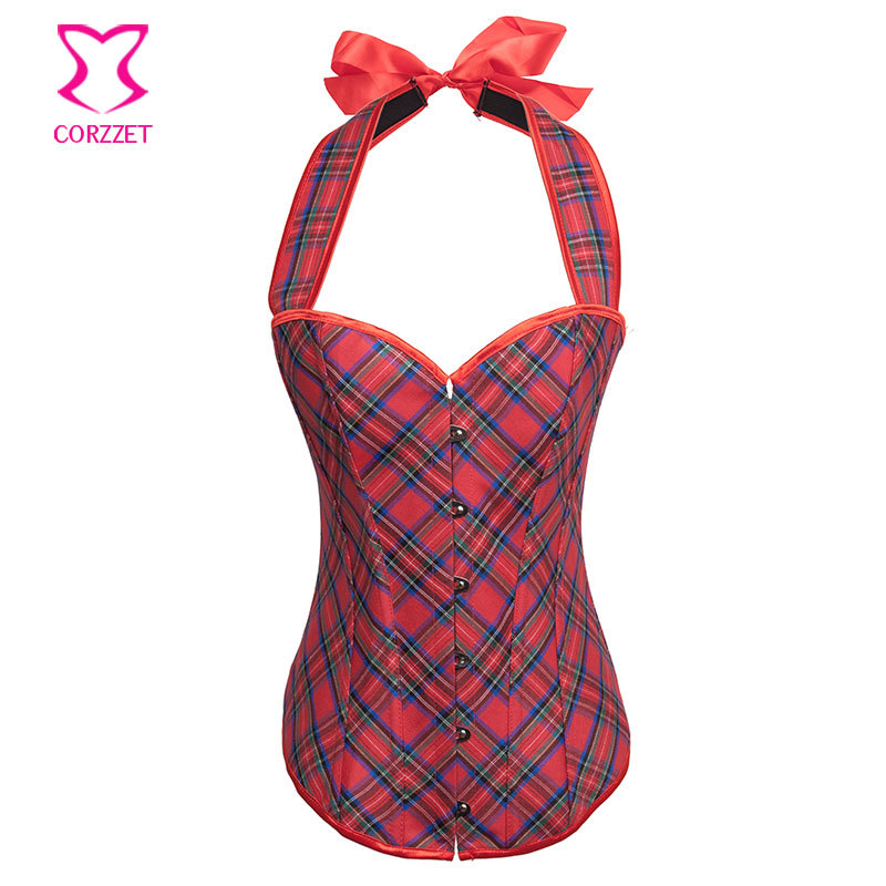 Red Plaid Halter Neck Corset Overbust Burlesque Bustier Top School Girl Cosplay Costume Hourglass Corset Training