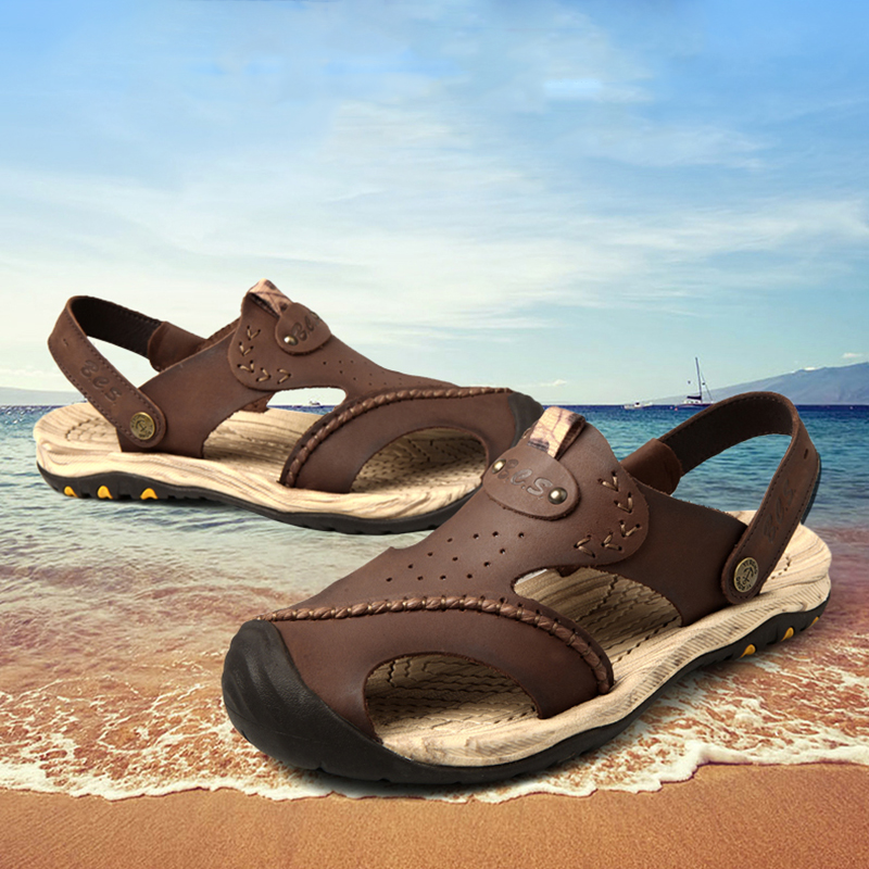 Фотография High Quality Nice Men Toe Cap Covering Sandal Shoes Summer Genuine Leathar Rubber Outsole Beach Sandals For Men
